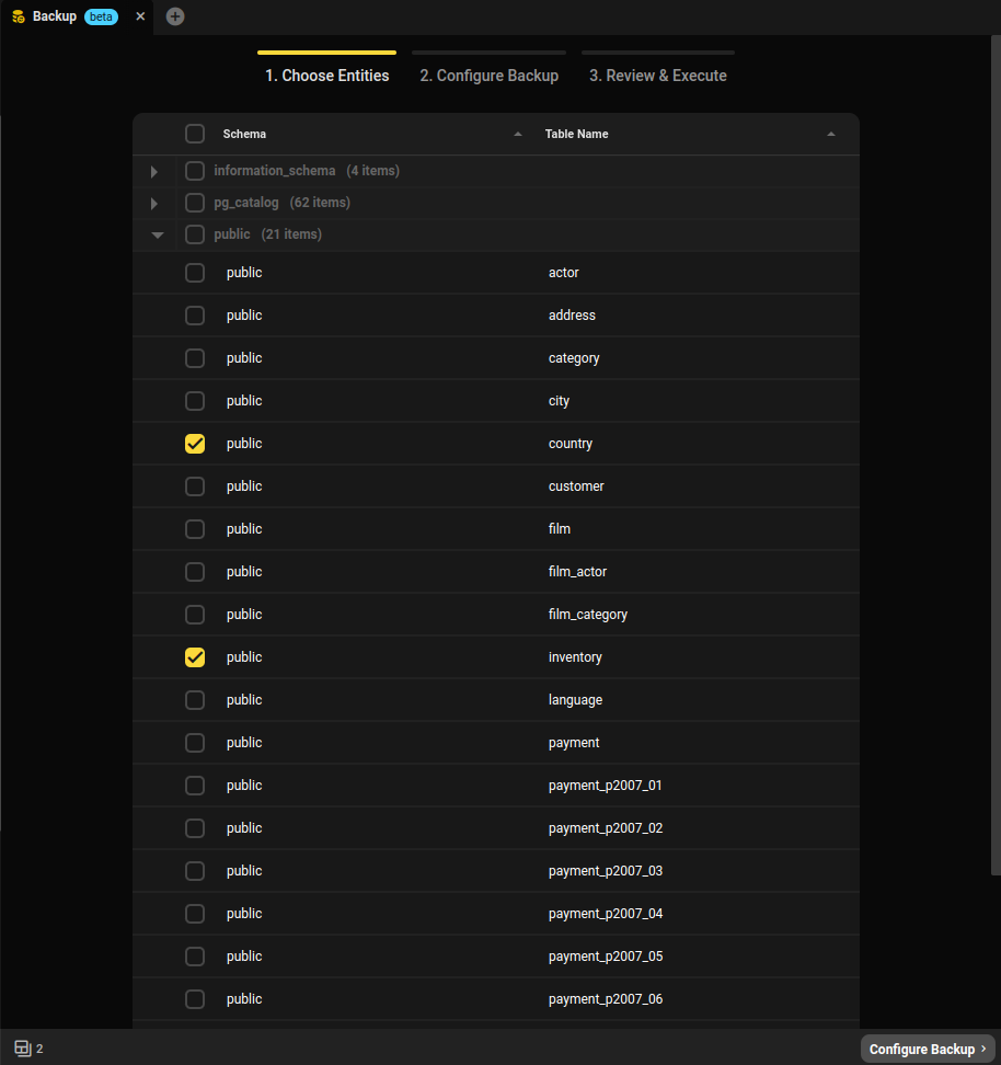 The first step of the backup wizard: selecting objects to backup