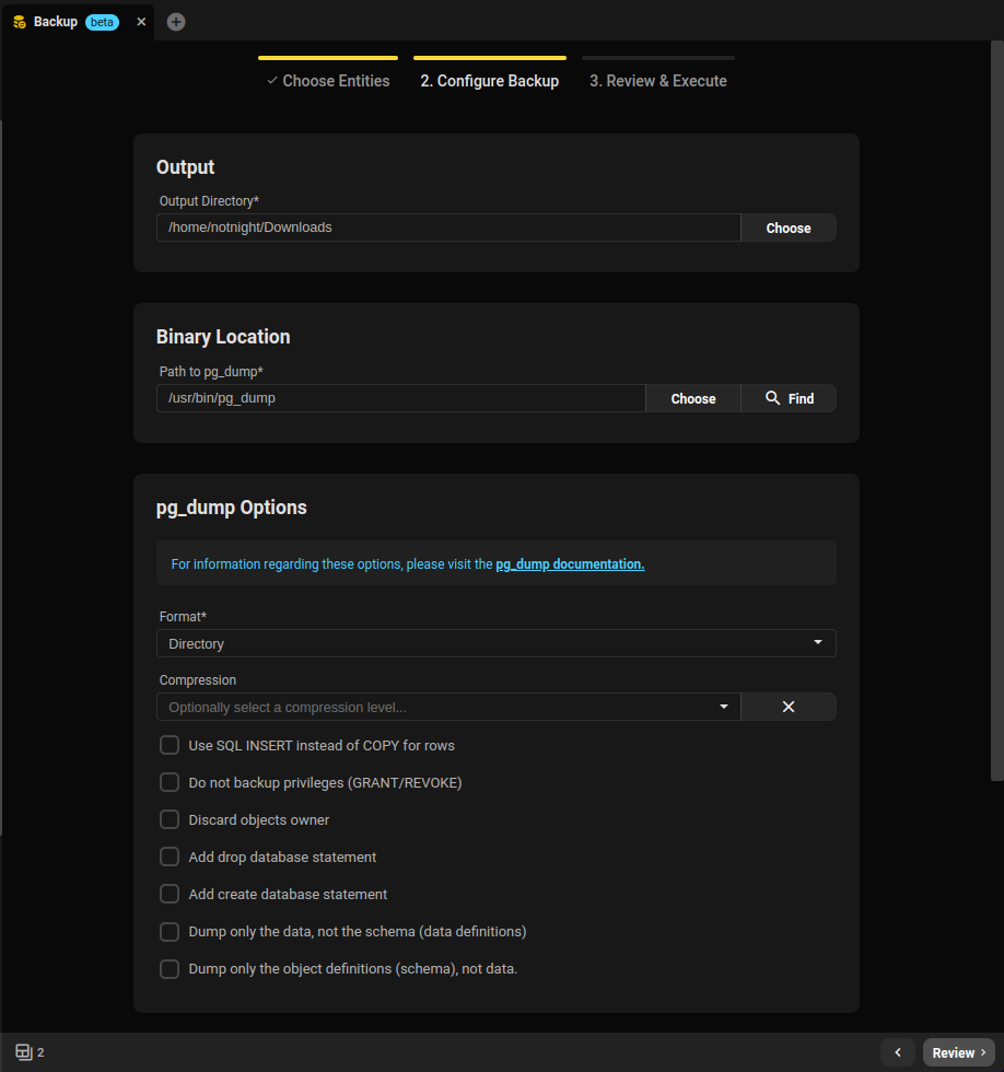 The second step of the backup wizard: configuring command line flags