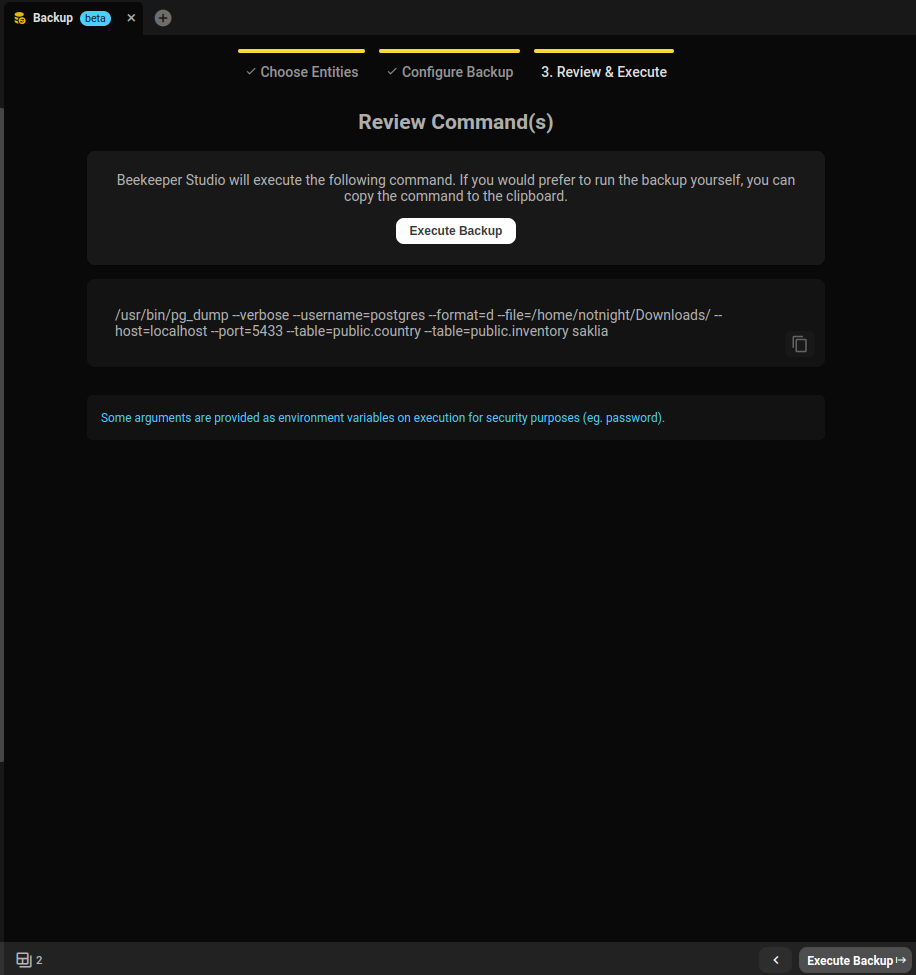 The review of the command that has been generated for backup/restore.