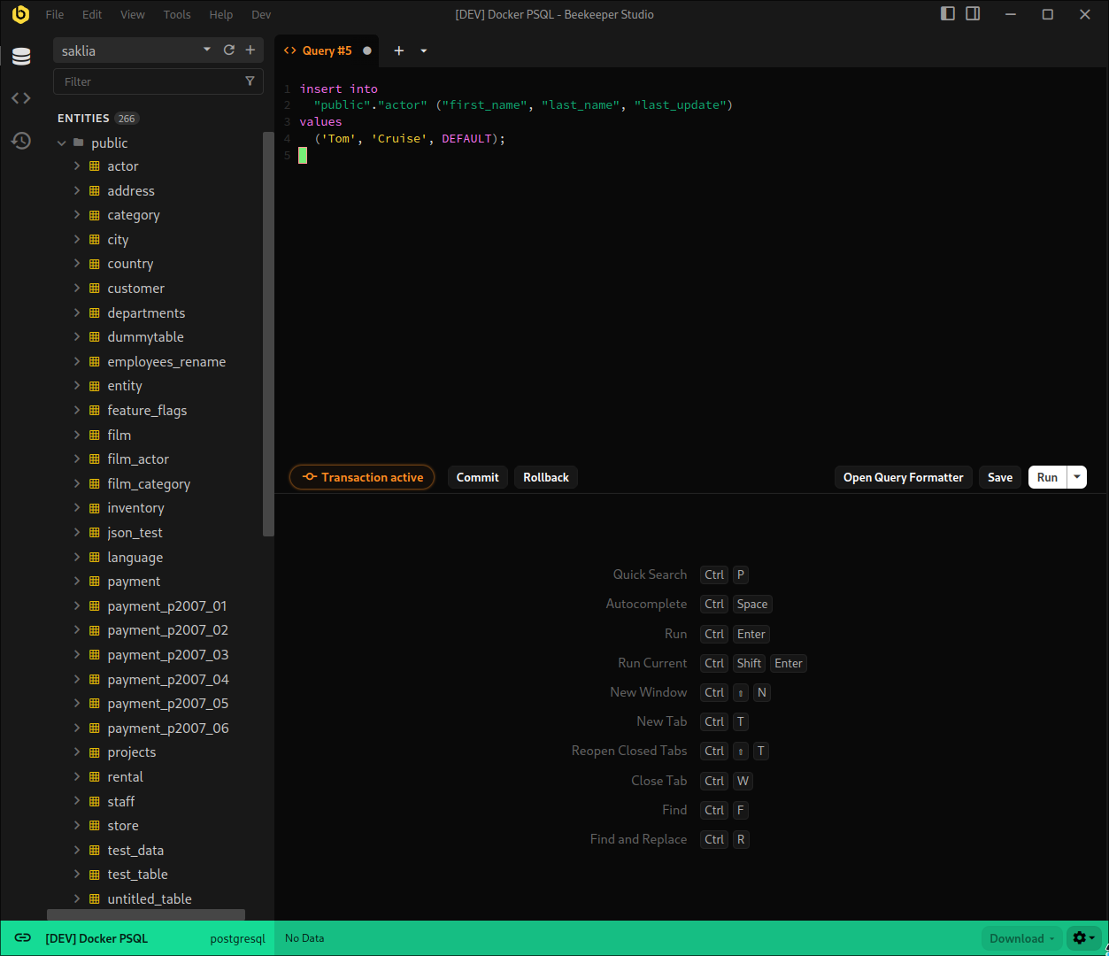 A screenshot of the Beekeeper SQL Editor with an active transaction