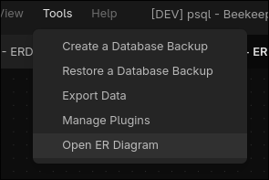 Tools menu showing the Open ER Diagram option.