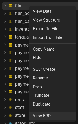 Right-clicking a table or schema in the sidebar showing the Open ER Diagram option.