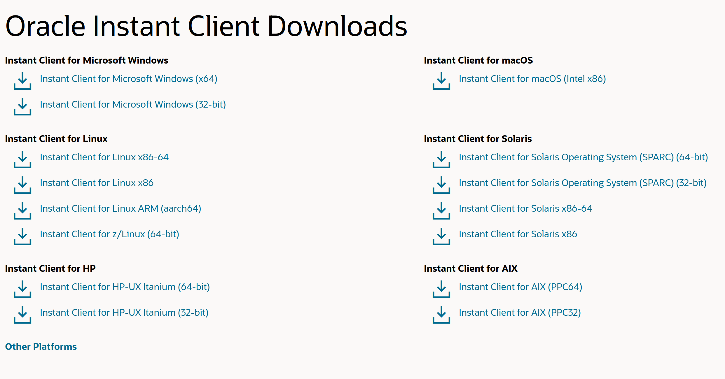 Oracle Instant Client download page