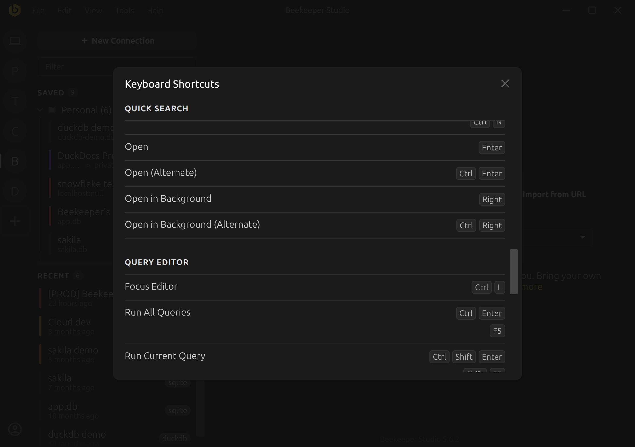 Modal de atajos de teclado