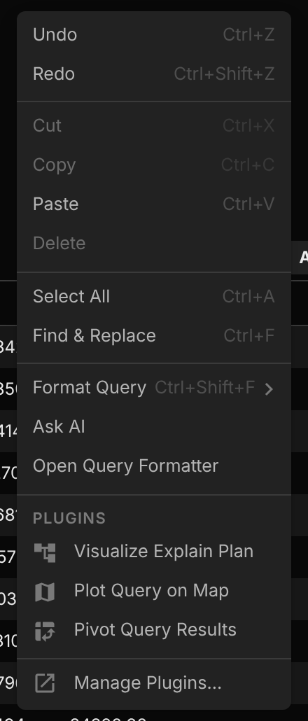 The Plugins section of the query editor context menu
