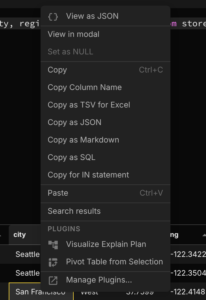 The Plugins section of a results grid cell's context menu