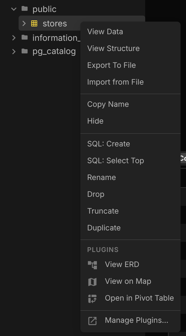The Plugins section of a table's context menu in the sidebar