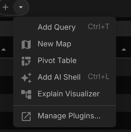 The new tab dropdown with plugin entries and Manage Plugins