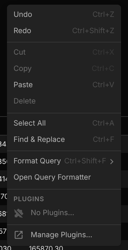 Query editor menu with No Plugins
