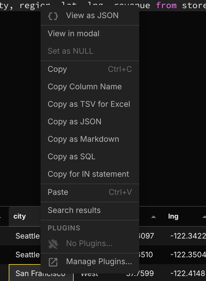 Results grid menu with No Plugins