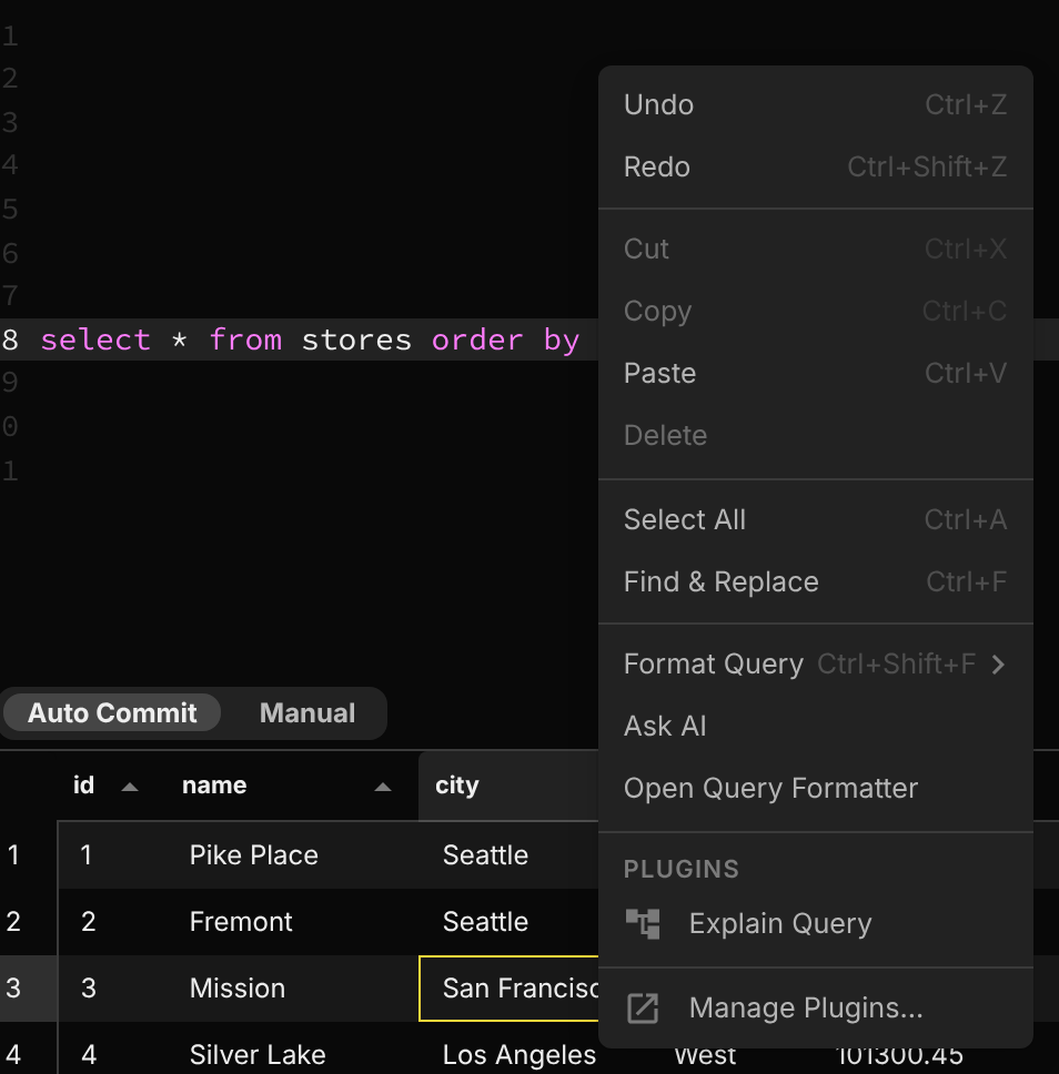 The query editor context menu with an Explain Query item
