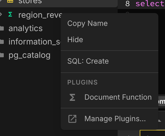 A routine's context menu in the sidebar with a Document Function item