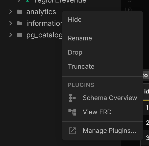 A schema's context menu in the sidebar with a Schema Overview item