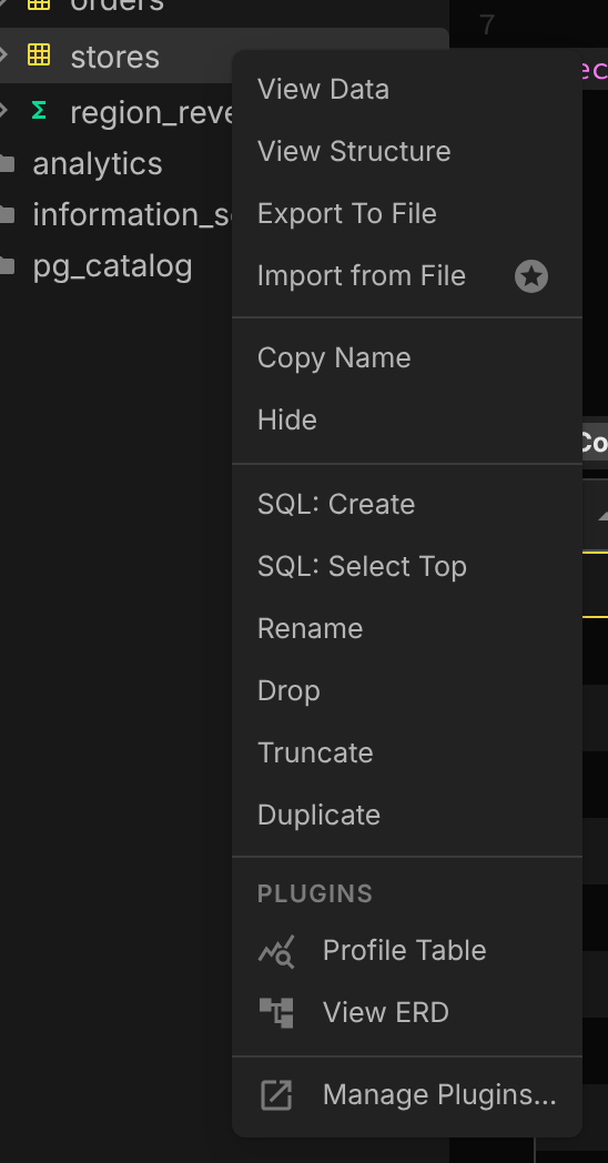 A table's context menu in the sidebar with a Profile Table item