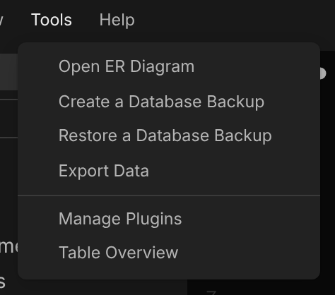 The Tools menu with a Table Overview item