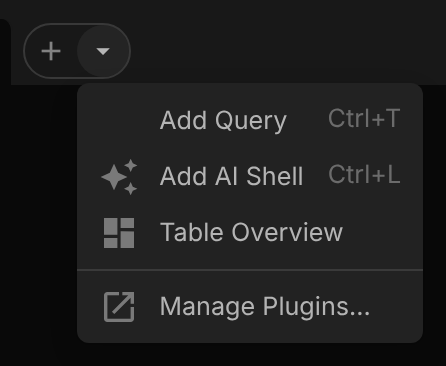 The new tab dropdown with a Table Overview item