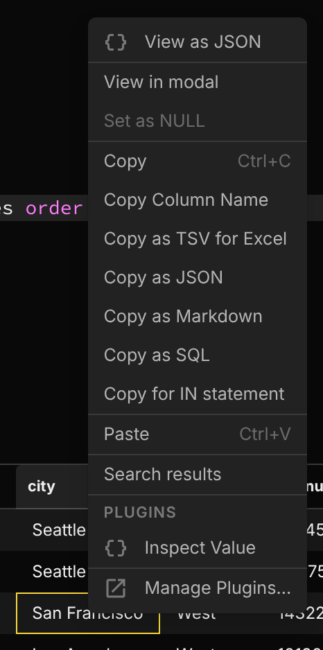 A result cell's context menu with an Inspect Value item