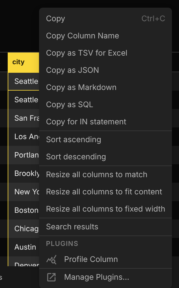 A result column header's context menu with a Profile Column item