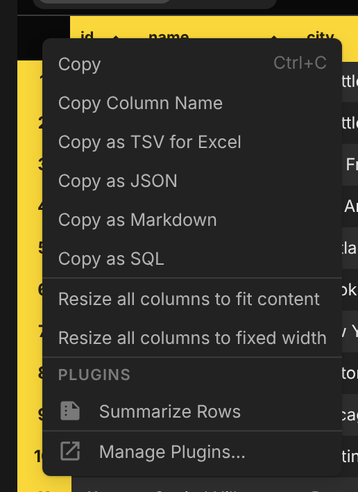 The results grid corner context menu with a Summarize Rows item