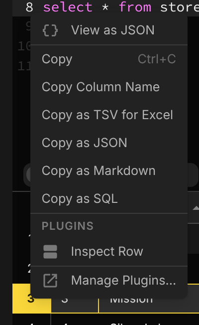 A result row header's context menu with an Inspect Row item