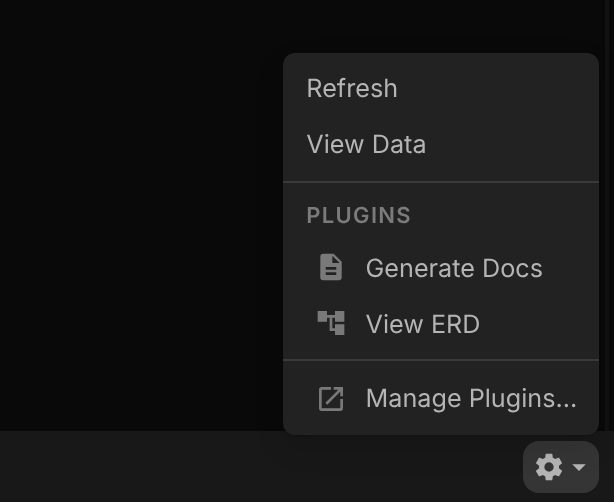 The table structure actions menu with a Generate Docs item