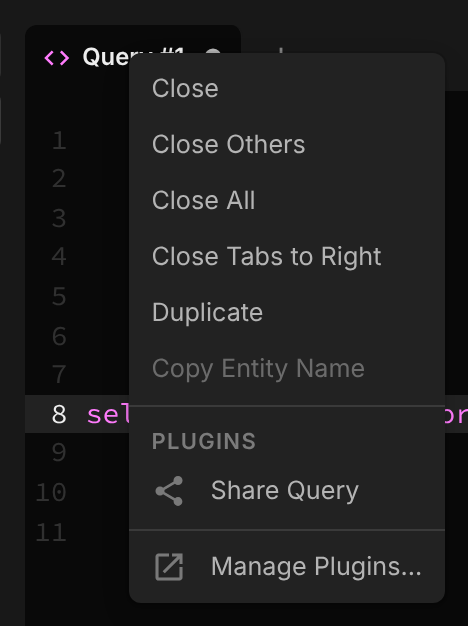 A query tab header's context menu with a Share Query item