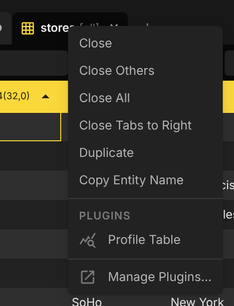 A table tab header's context menu with a Profile Table item