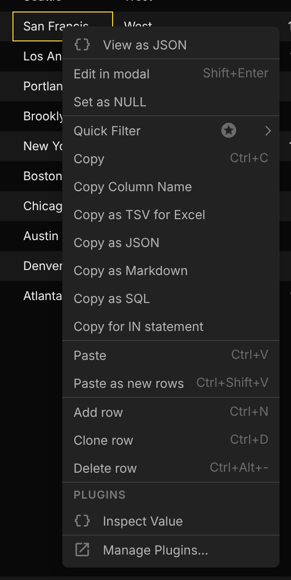A table view cell's context menu with an Inspect Value item