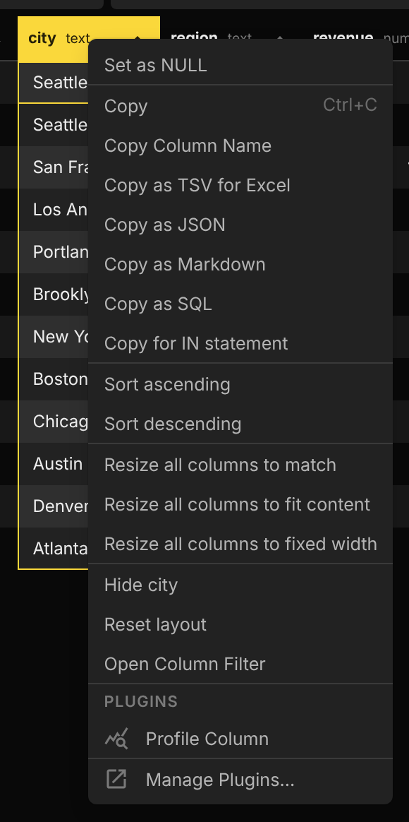 A table view column header's context menu with a Profile Column item