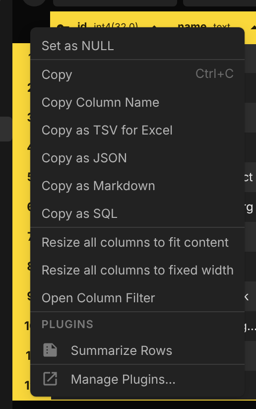 The table view corner context menu with a Summarize Rows item