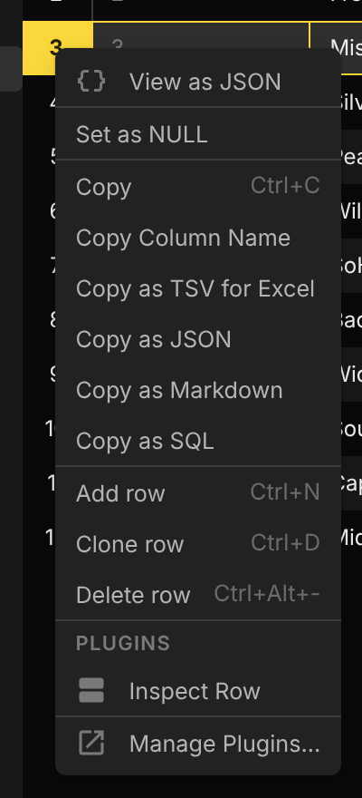 A table view row header's context menu with an Inspect Row item