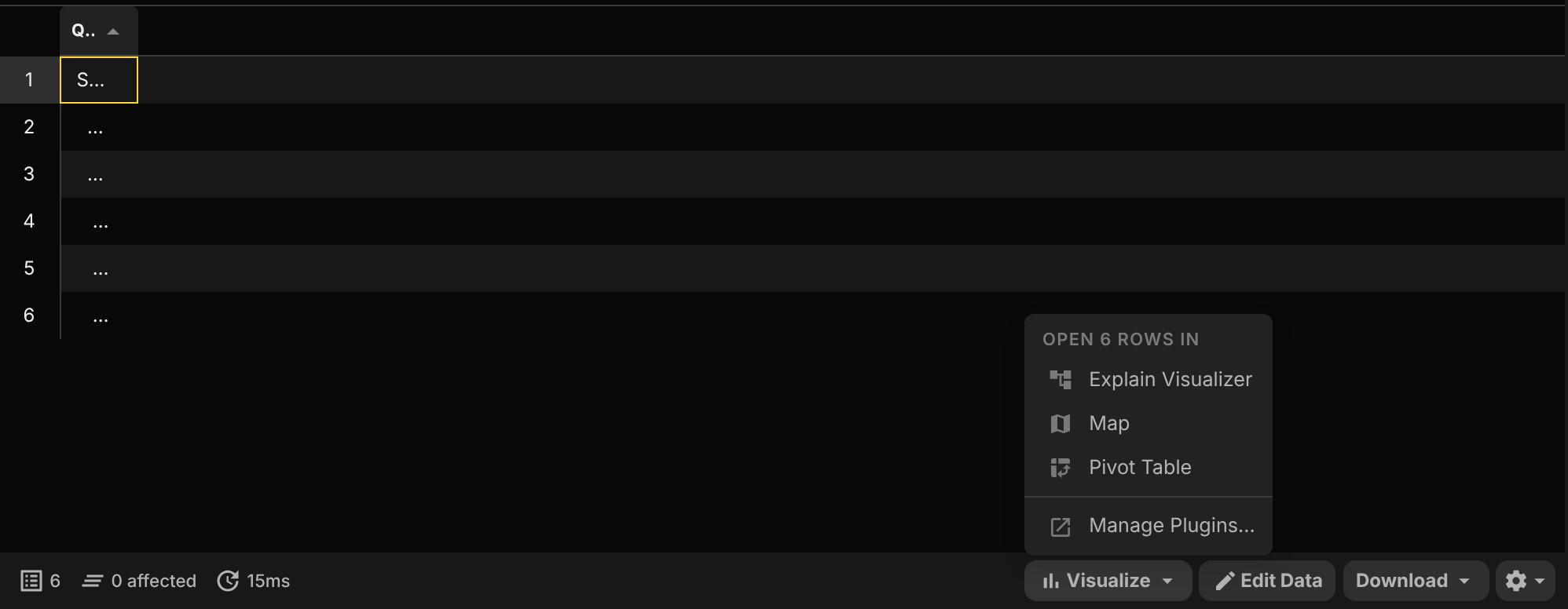 The Visualize menu for an EXPLAIN result, with Explain Visualizer enabled