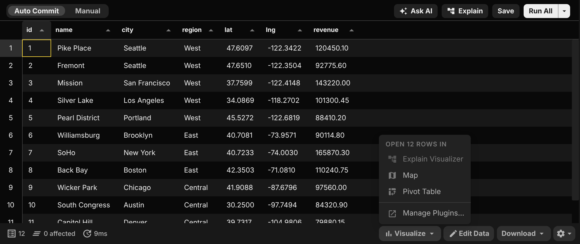 The Visualize menu in the query results status bar, with an Explain button in the query editor toolbar